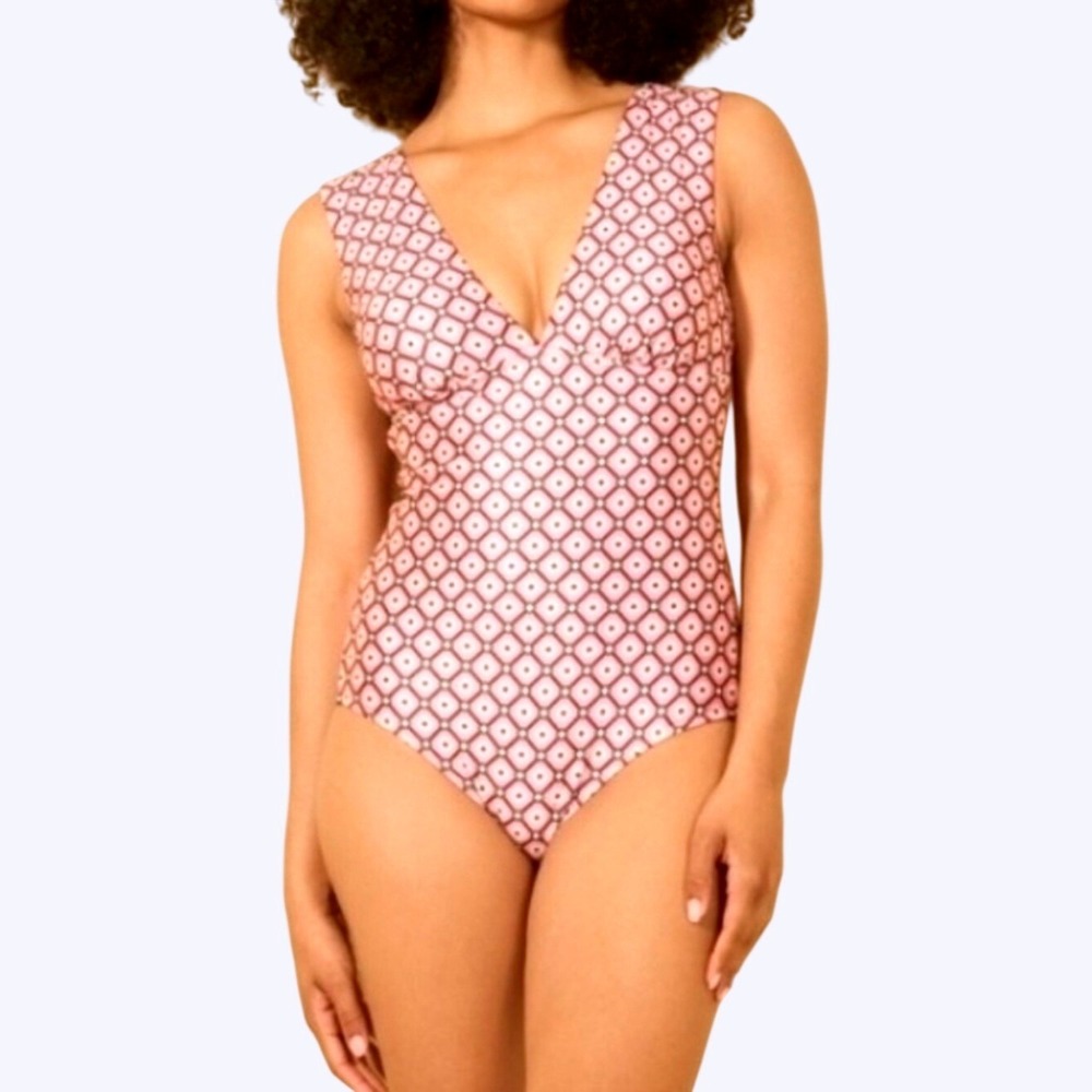 Shade & Shore Geo Print Plunge Full Coverage Tummy Control One Piece Swimsuit XS - Picture 2 of 13